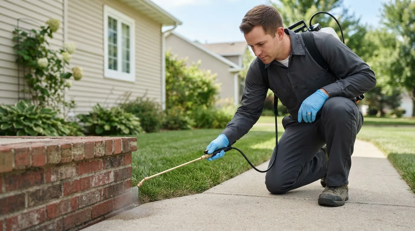 Pest control technician treating a home near Anoka, MN